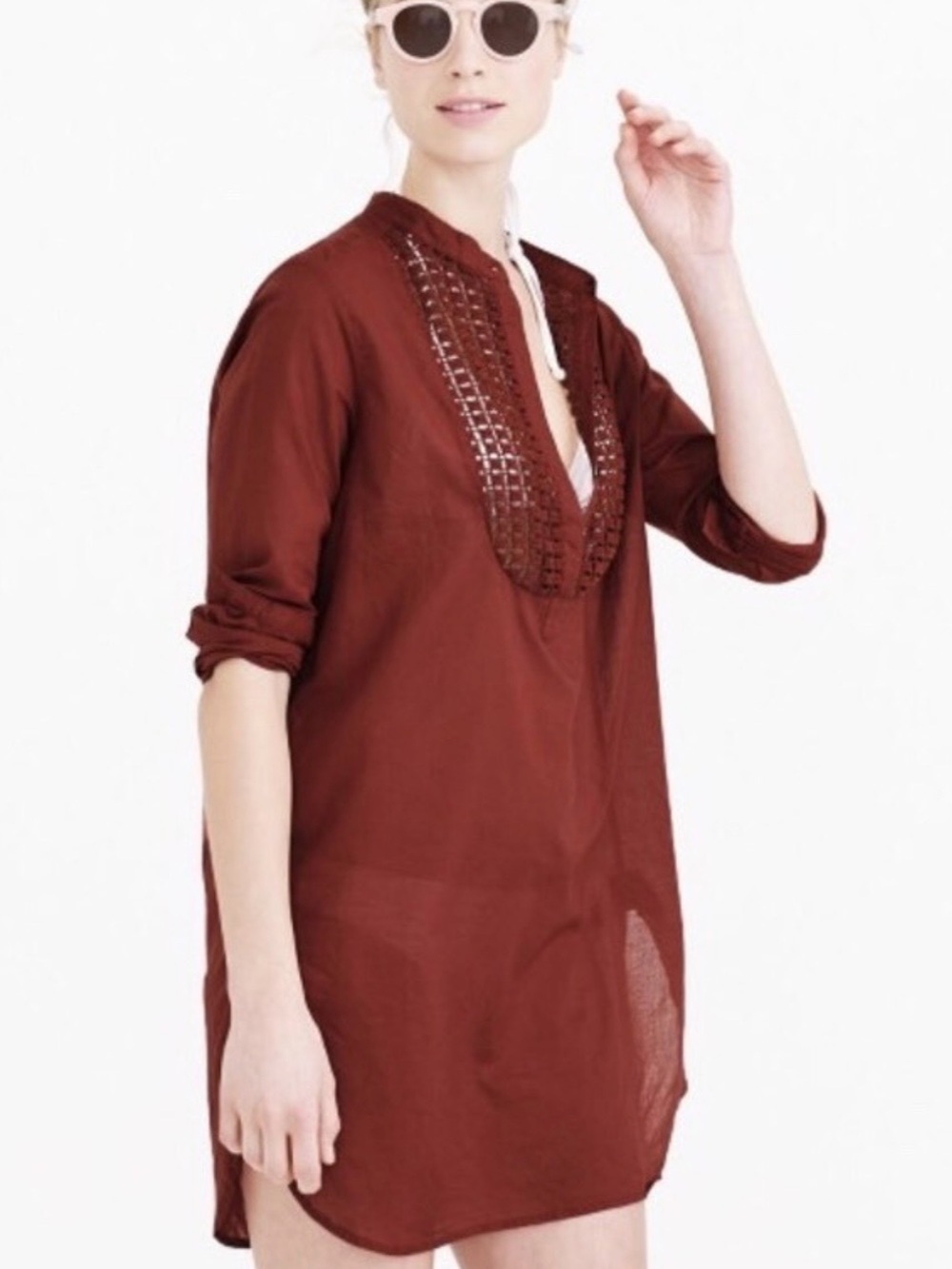 J. Crew Lightweight Gauze Beach Rust Red Crochet-Trim Tunic size S